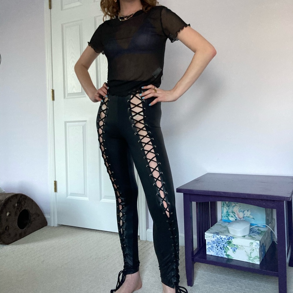 Dolls Kill Current Mood Pleather Lace Up Leggings
